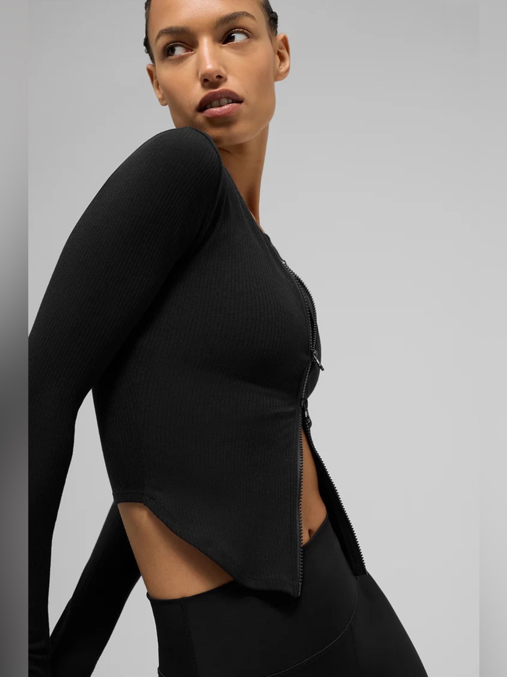 Alo Yoga Women's Ribbed Stardust Long Sleeve Zip-up Top Black Size Medium